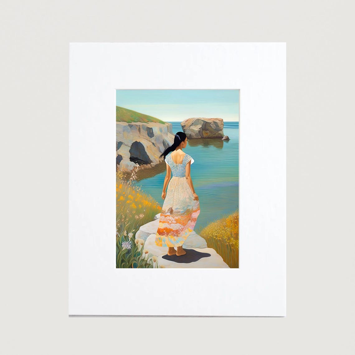 Woman Standing On Pale Rocks Calm Sea Coastal Scenic Art Poster - Image 2