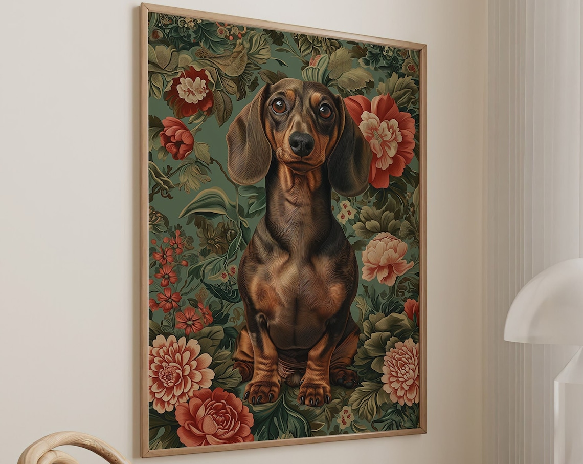 Dachshund Dog Floral Portrait Vintage Teal Botanical Art Poster