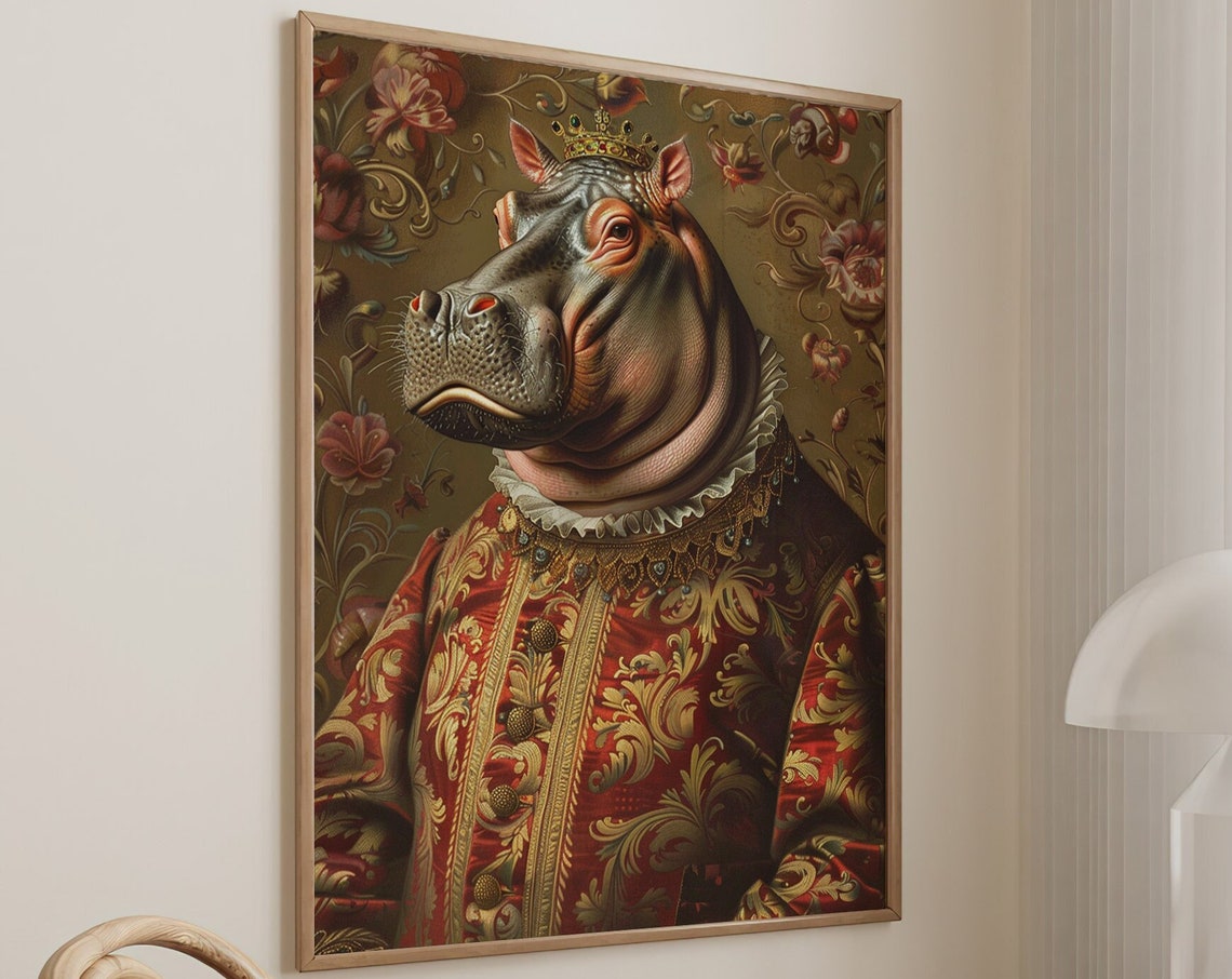 Crowned Hippo King Renaissance Portrait Red Brocade Animal Poster