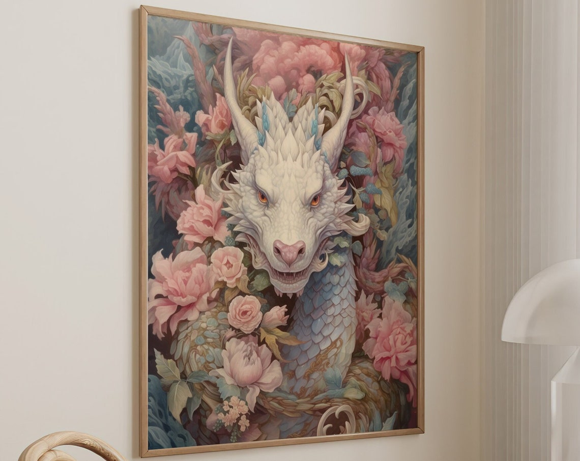 White Dragon Among Pink Peonies Coquette Rococo Fantasy Poster - Image 5