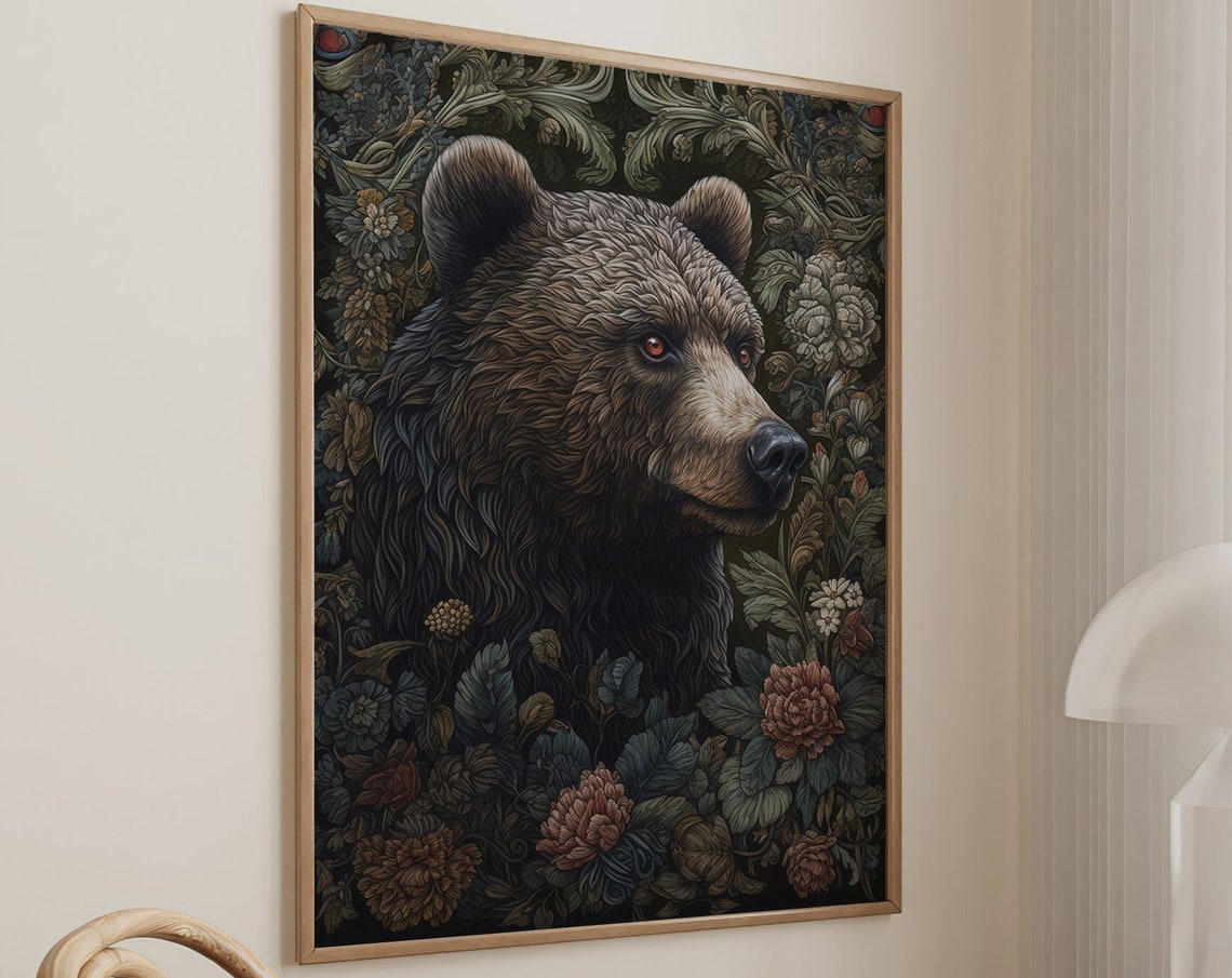 Majestic Brown Bear Among Dark Floral Tapestry Forest Poster