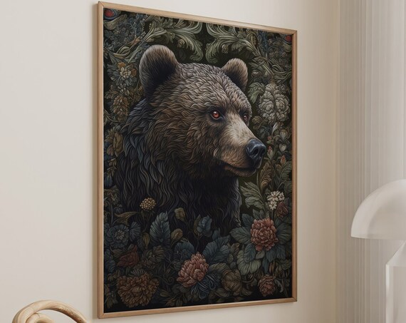 Majestic Brown Bear Among Dark Floral Tapestry Forest Poster