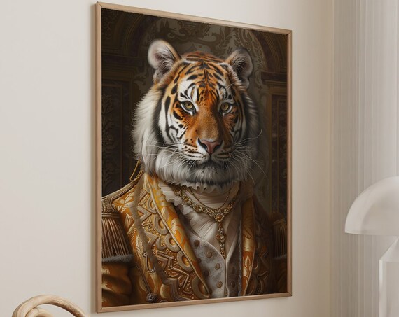 Tiger in Golden Royal Uniform with Jeweled Necklace Wall Art