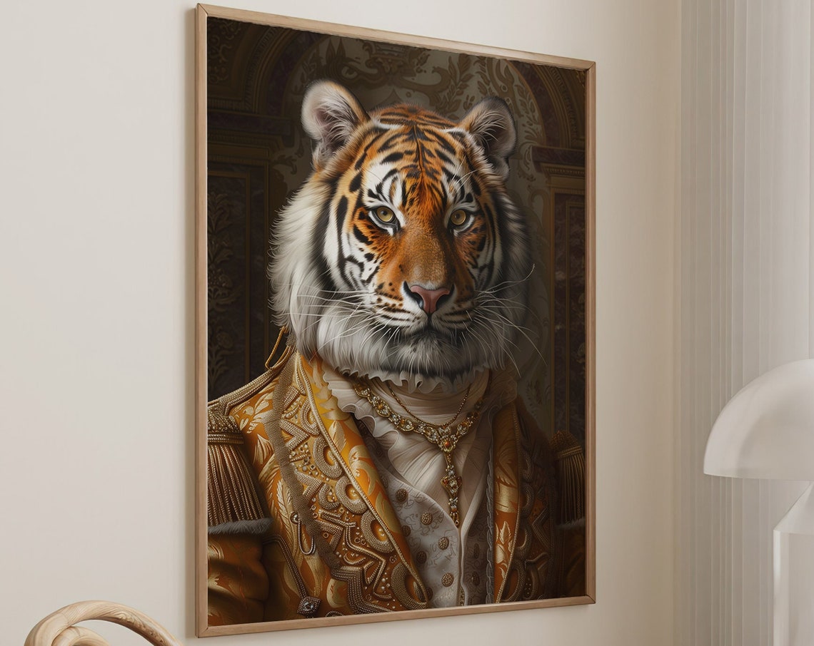 Tiger in Golden Royal Uniform with Jeweled Necklace Wall Art
