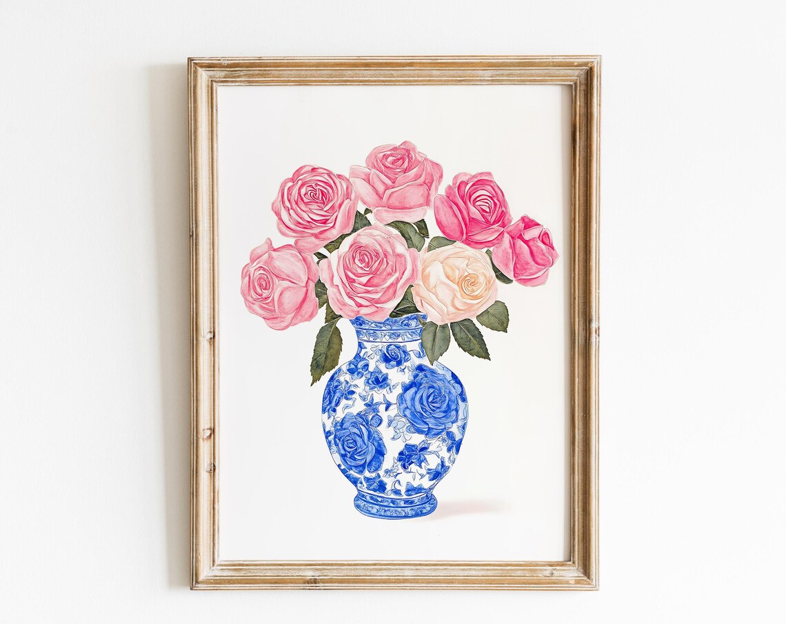 Fresh Blush Pink Roses In A Blue And White Porcelain Vase Poster