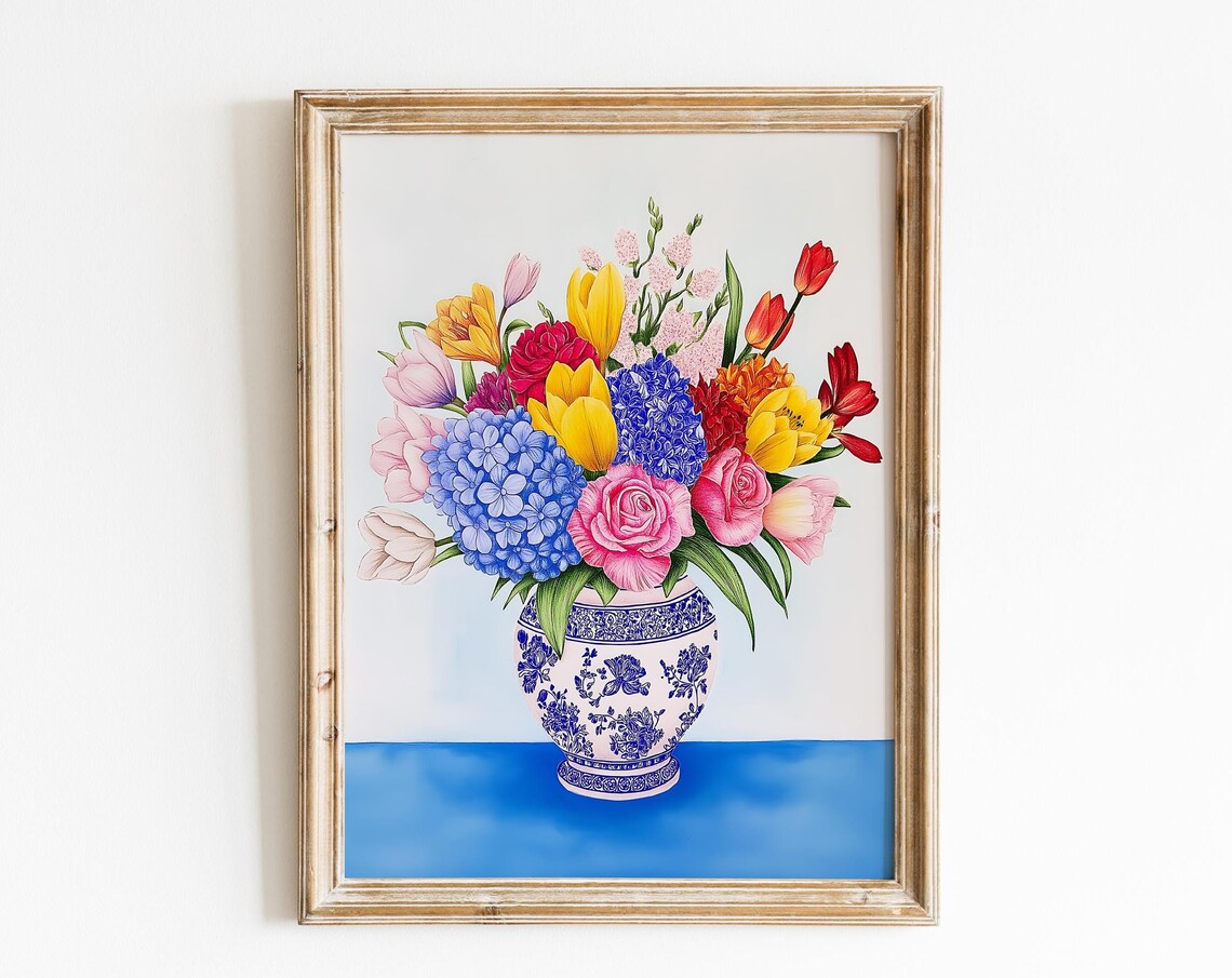 Mixed Flower Bouquet In Blue And White Porcelain Vase Art Print