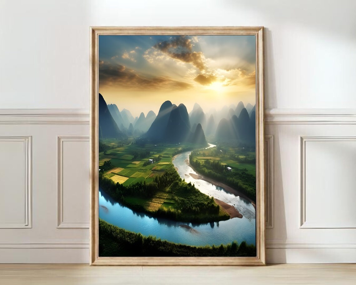 China Karst Mountains Sunrise River Landscape Photography Poster