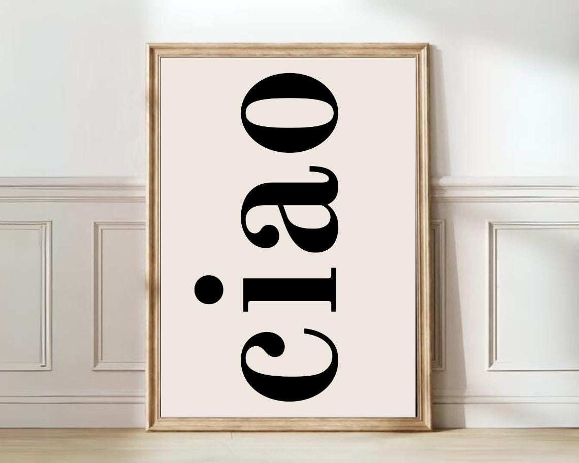 Ciao Minimalist Black Serif Greeting Typography on Beige Wall Art