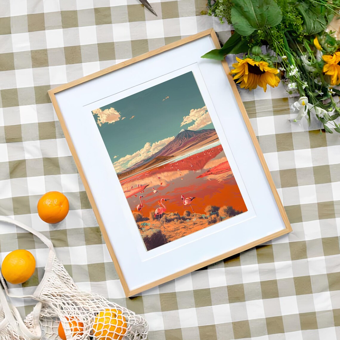 Flamingos at Red Salt Lake with Volcano Bolivia Travel Poster - Image 3