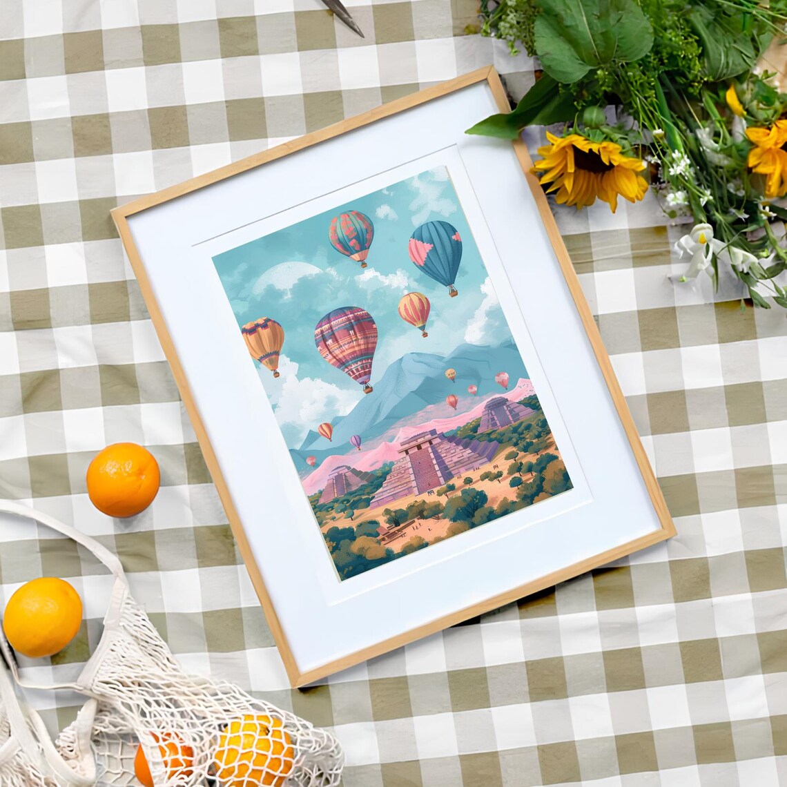 Mexico Hot Air Balloons Over Ancient Pyramids Colorful Travel Art Poster - Image 3