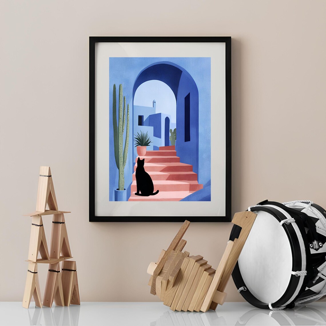 Black Cat On Moroccan Stairs Blue Arch Matisse Style Art Poster - Image 3