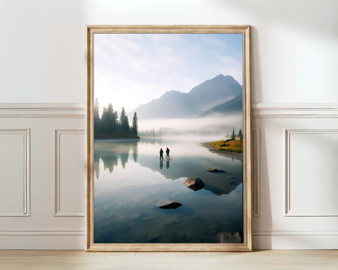 Misty Mountain Lake Fishermen Sunrise Nature Photography Poster