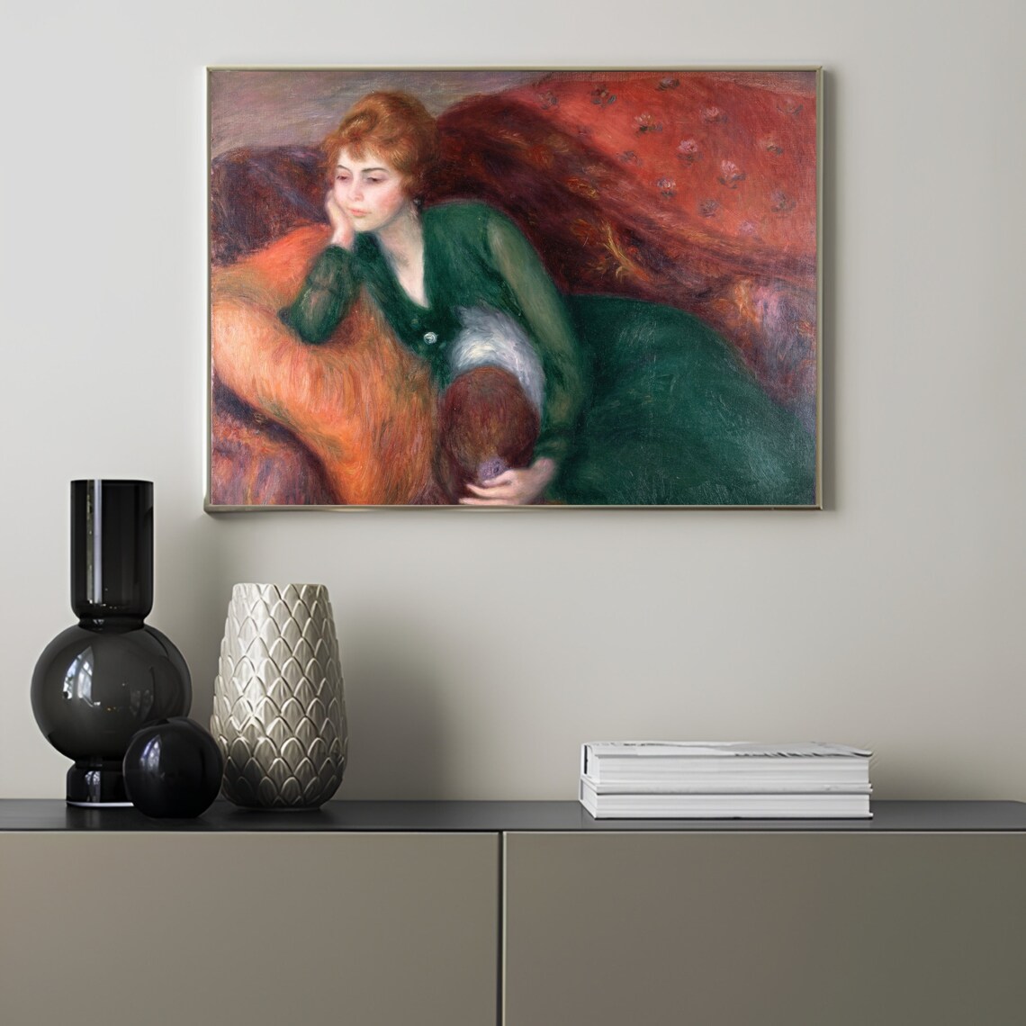 Young Woman in Green Reclining Impressionist Portrait Poster - Image 3