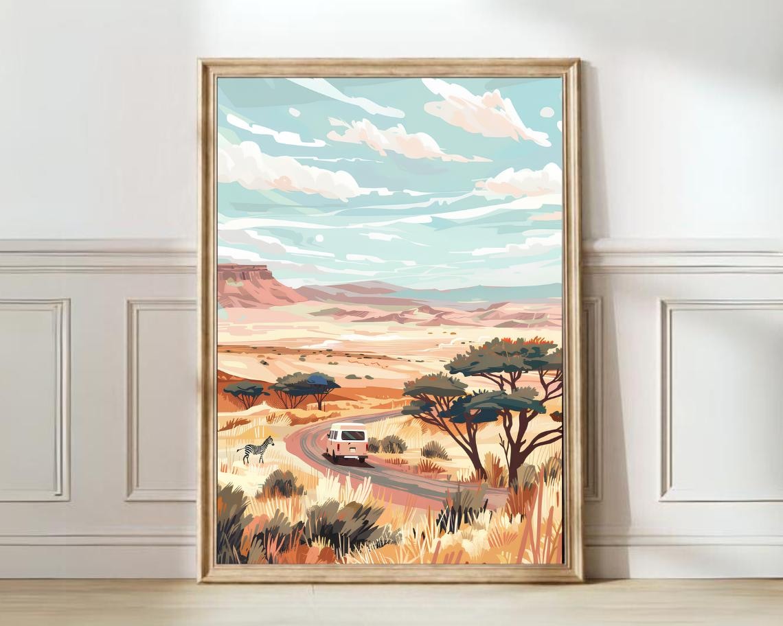 Namibia Travel Poster, Safari Roadtrip Illustration