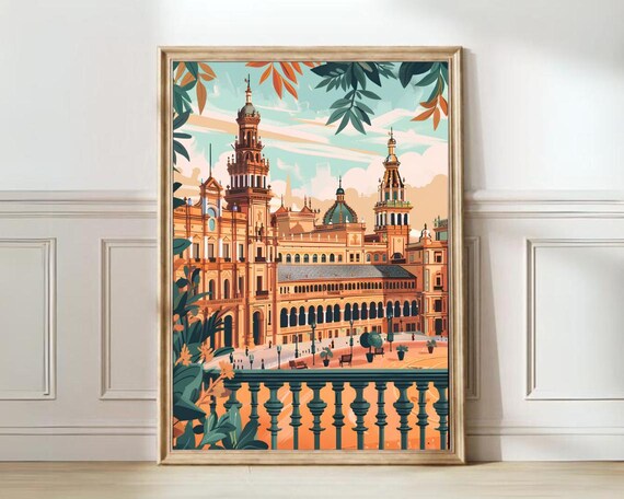 Seville Spain Travel Poster of Plaza de Espana Viewed from a Balcony