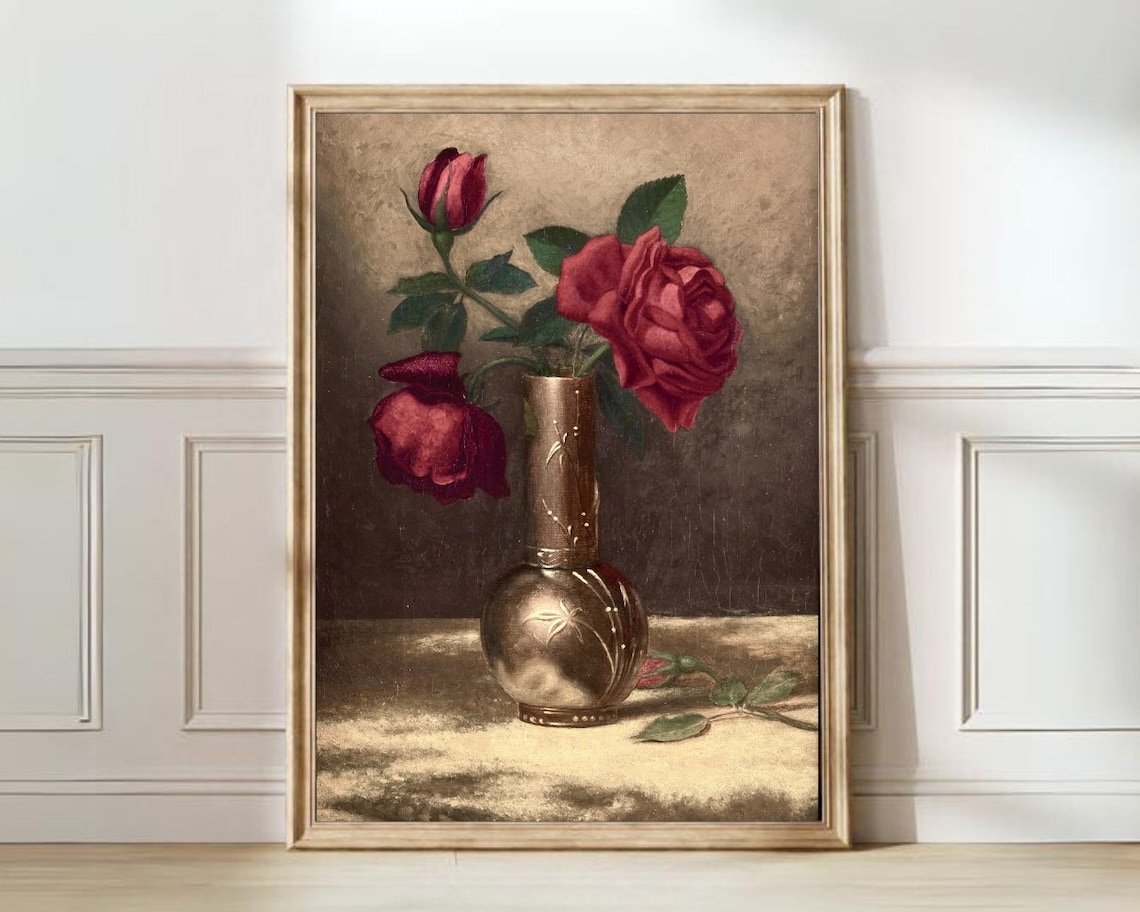 Moody Deep Red Roses in Antique Brass Vase Vintage Floral Art Print