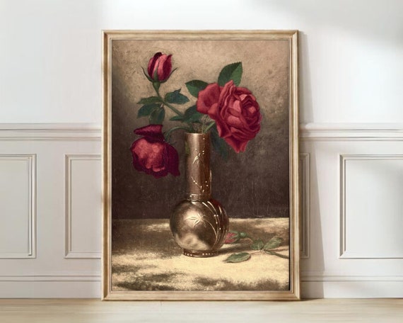 Moody Red Roses Painting Vintage Flower Print Dark Floral Print Vintage Roses Print Still Life Farmhouse Decor