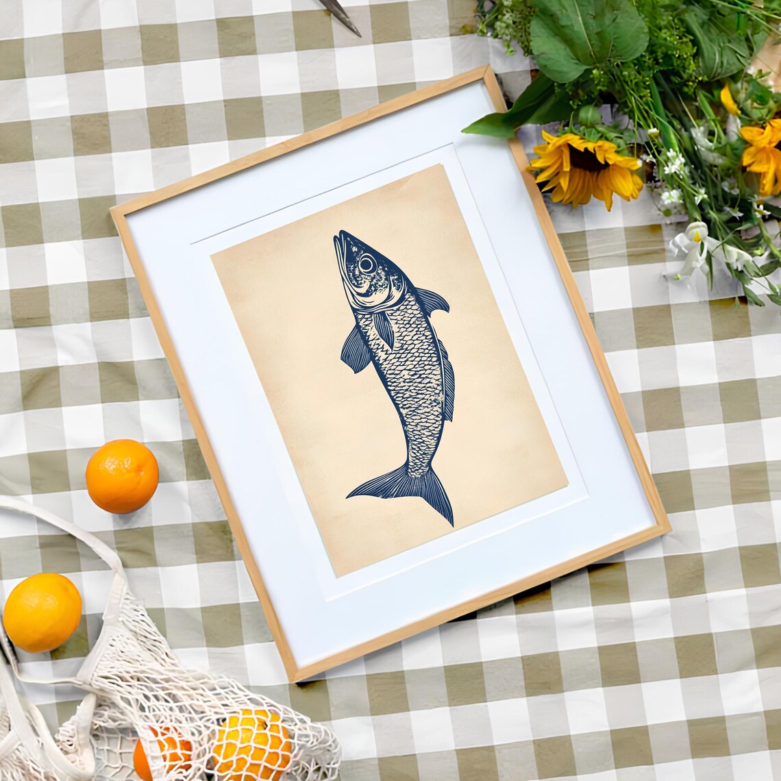 Herring Linocut Vintage Poster, Eclectic Kitchen Art - Image 3