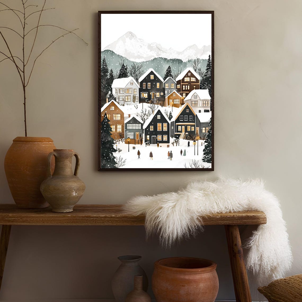 Norway Snowy Hillside Cabins Pines Mountains Winter Art Poster - Image 3
