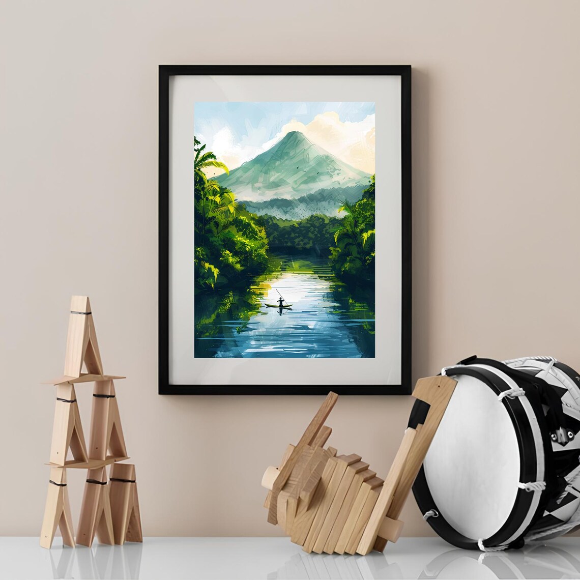 Nicaragua Volcano Over Jungle River Canoe Tropical Scene Poster - Image 2
