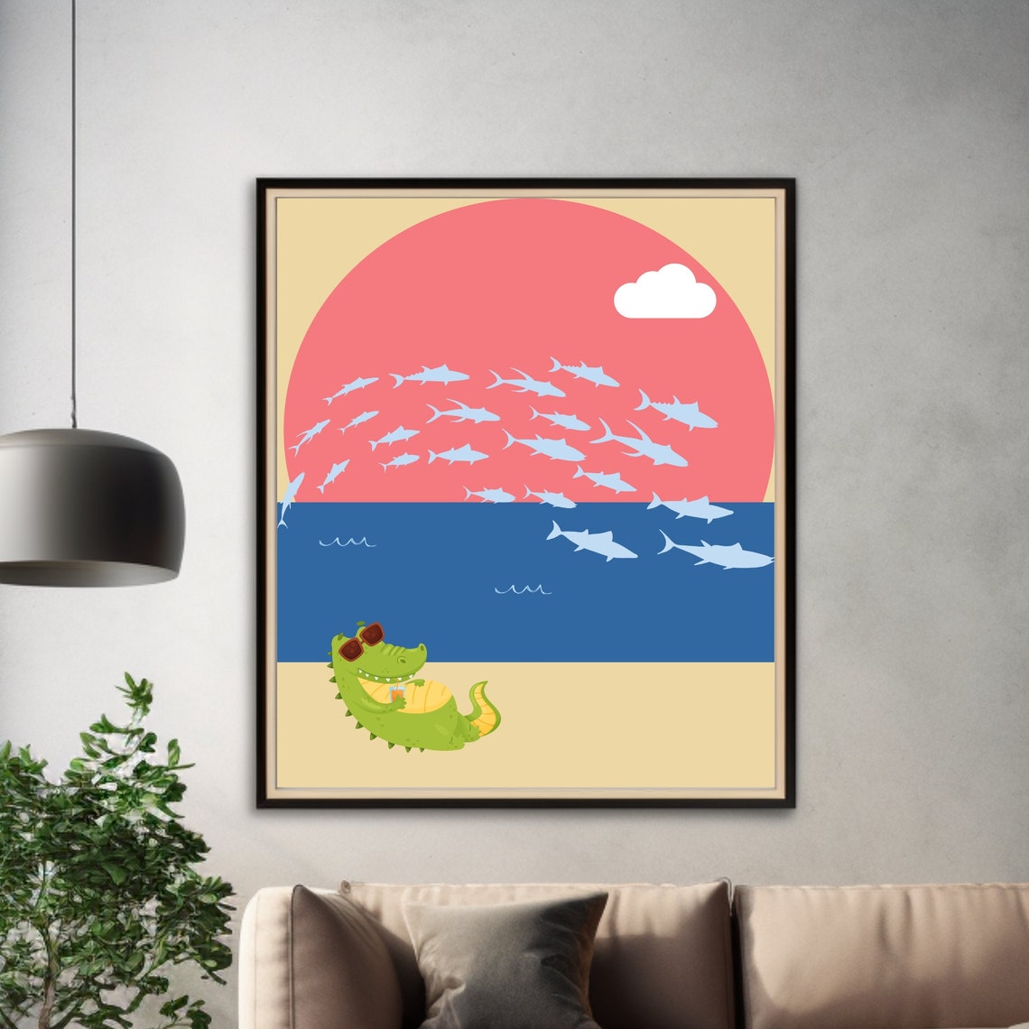 Cute Crocodile Sunbathing at Sunset Beach Funny Animal Poster - Image 3