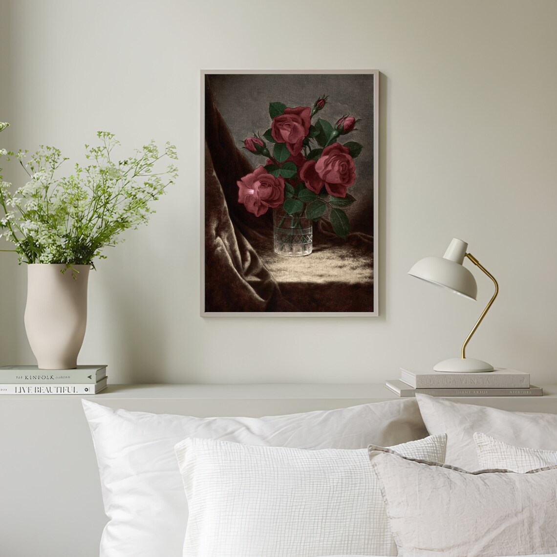 Deep Red Roses in Crystal Vase Dark Velvet Drapery Vintage Art Print - Image 3