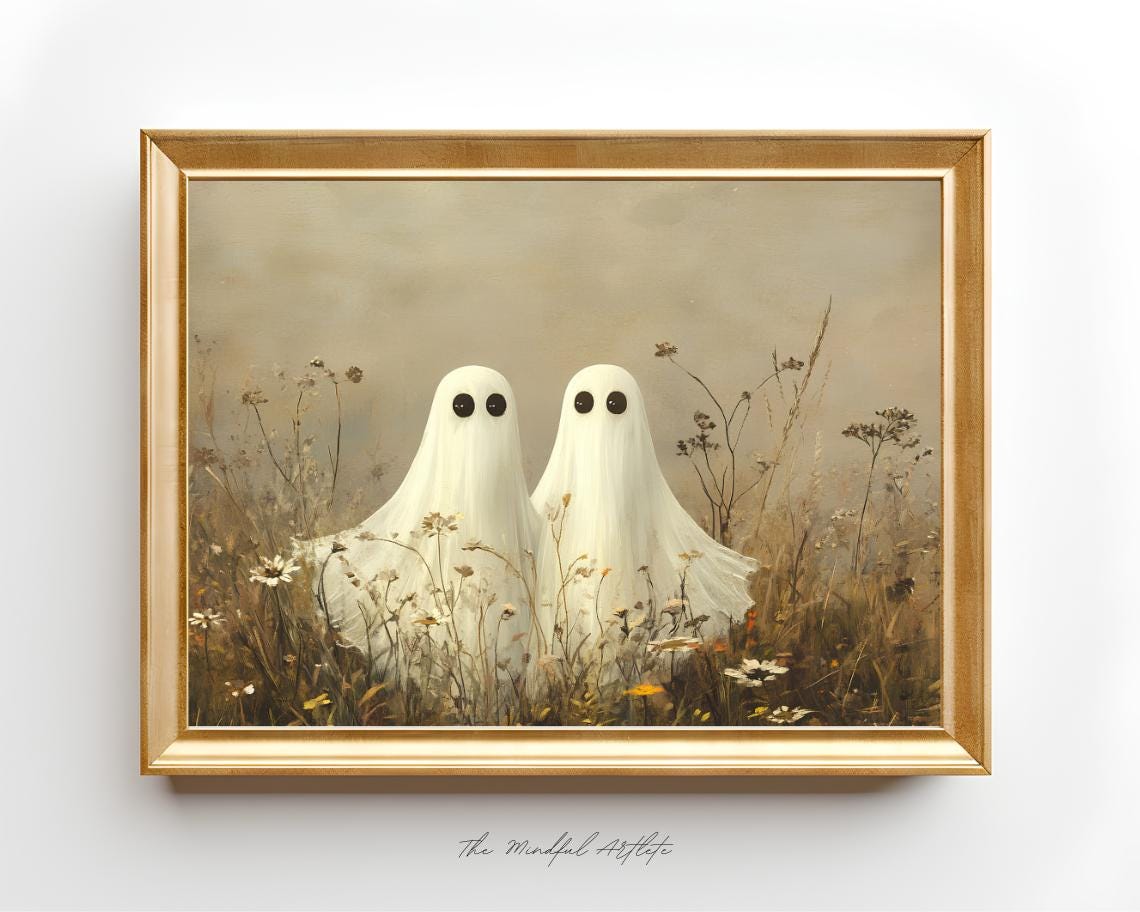 Two Cute Ghosts In Wildflower Meadow Vintage Halloween Poster