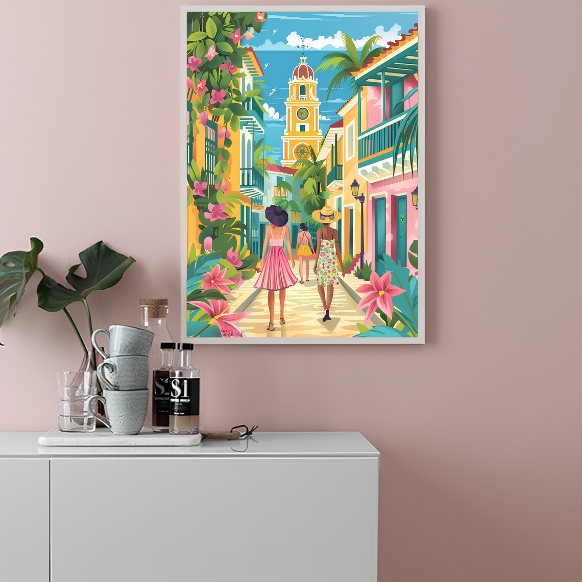 Cartagena Colombia Colonial Street Clock Tower Illustration Poster - Image 3
