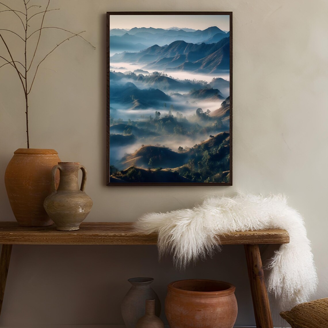 China Misty Blue Layered Mountains Foggy Morning Landscape Poster - Image 3