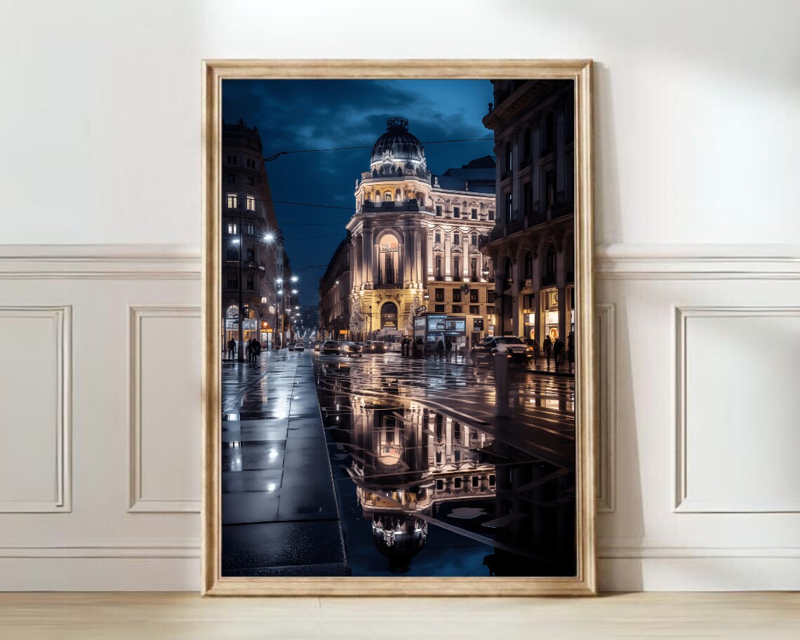 Milan Night Street with Dome Building Reflections City Poster