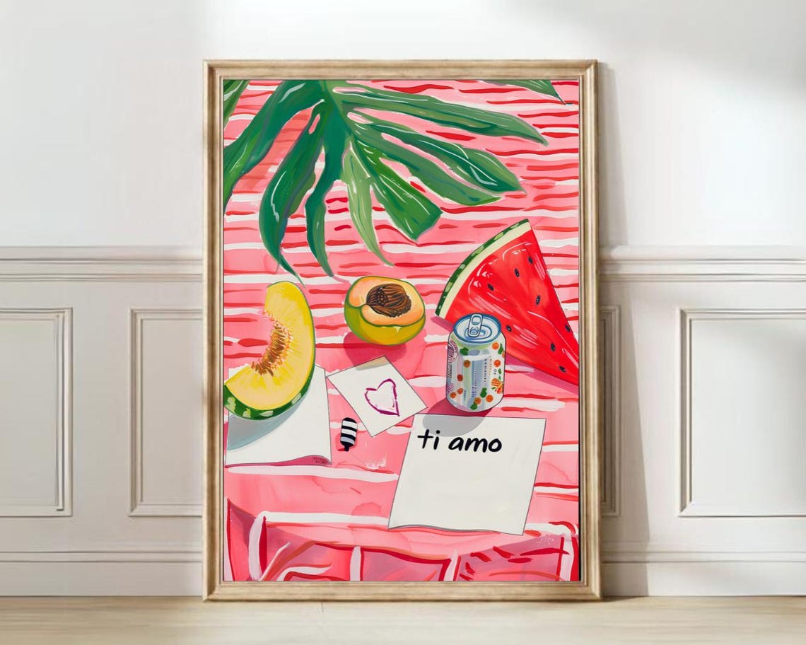 Colorful Summer Fruit Picnic With Ti Amo Note Kitchen Art Poster