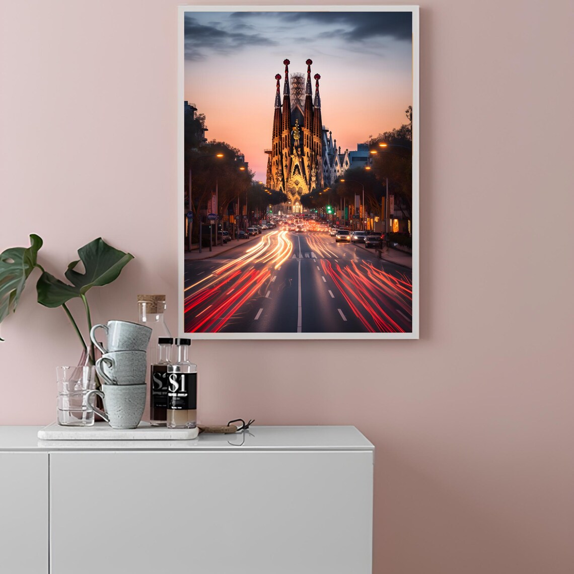 Barcelona Sagrada Familia Sunset Street Light Trails Travel Art Poster - Image 2