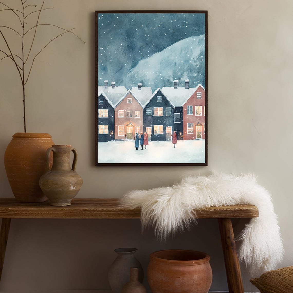 Norway Winter Night Snowfall Lit Houses Moody Scandinavian Poster - Image 3