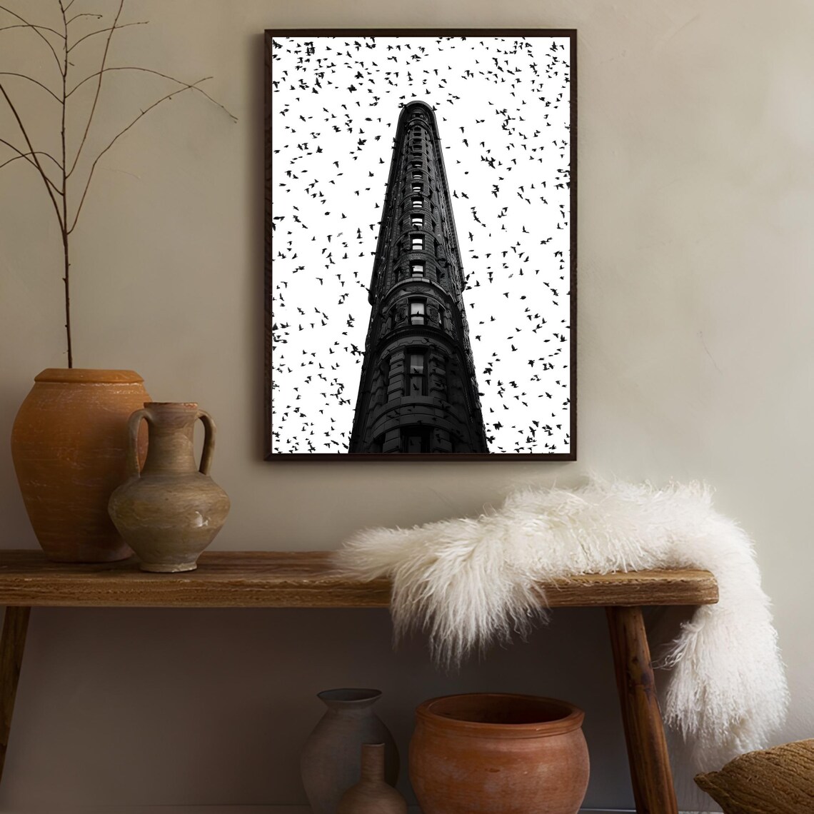Flatiron Building Flock Of Birds Black And White Photo Poster - Image 3
