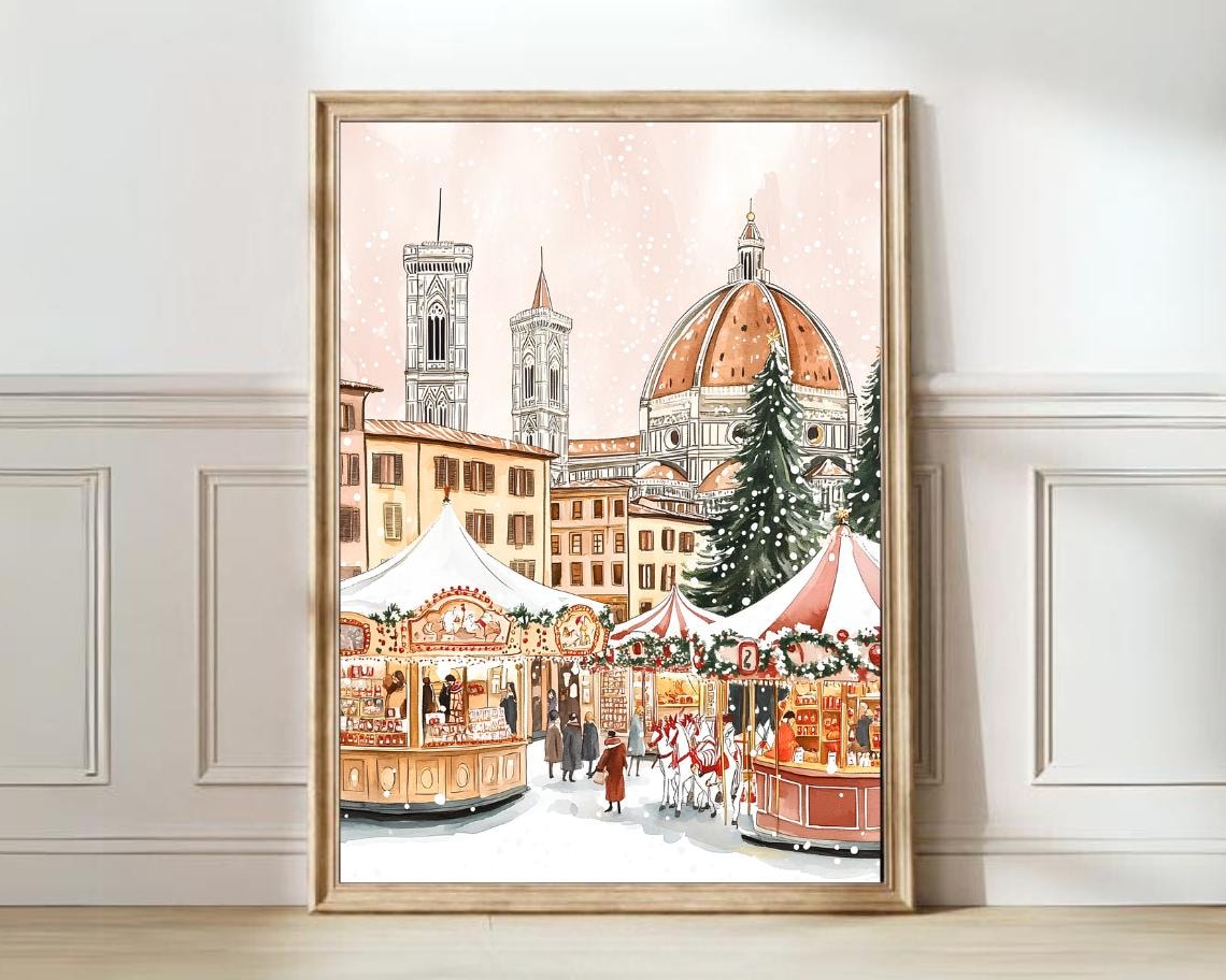 Florence Cathedral Winter Christmas Market Watercolor Poster