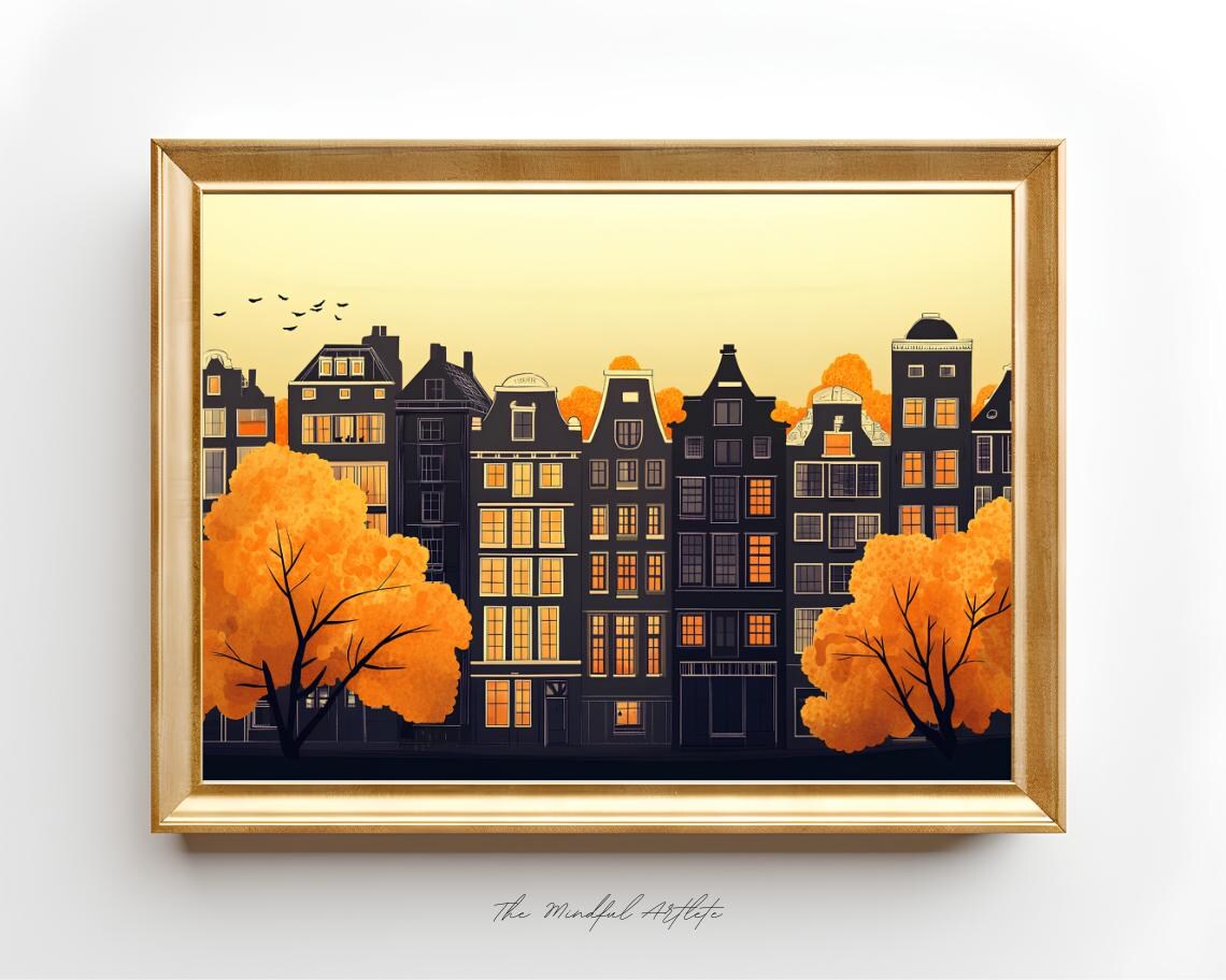 Amsterdam Canal Houses Autumn Night Fall Foliage Travel Poster