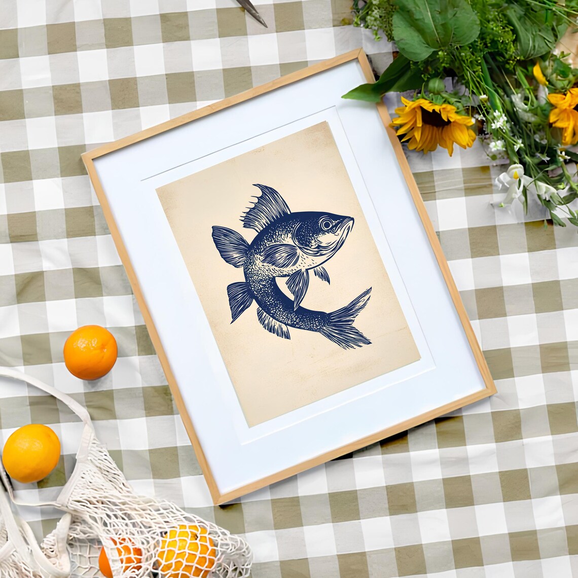 Navy Blue Fish Linocut with Spiny Dorsal Fin Vintage Style Art Poster - Image 3