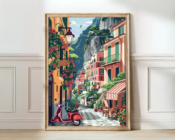 Positano Street Scene with Red Vespa Amalfi Coast Italy Travel Poster