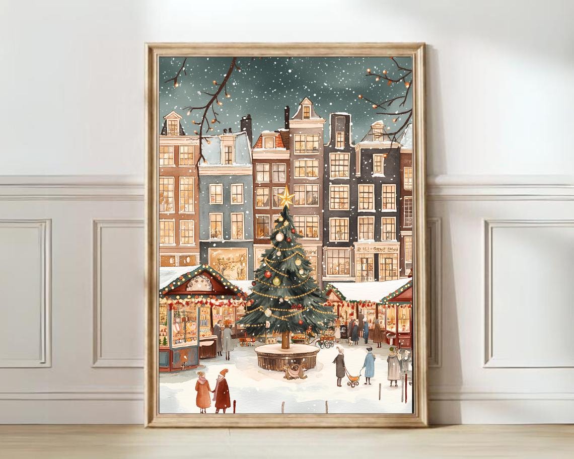 Amsterdam Canal Houses Snowy Christmas Market Watercolor Poster