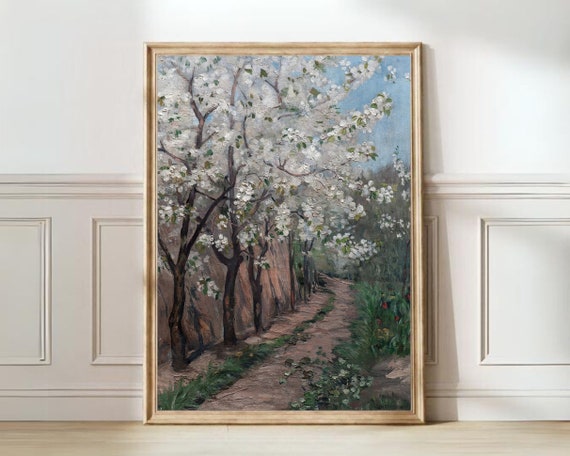 Vintage Meadow Landscape, Cherry Blossom Art Print