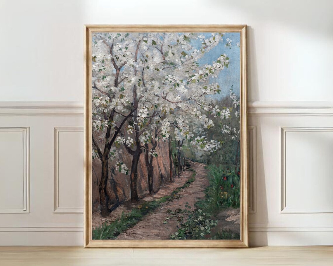 Vintage Meadow Landscape, Cherry Blossom Art Print