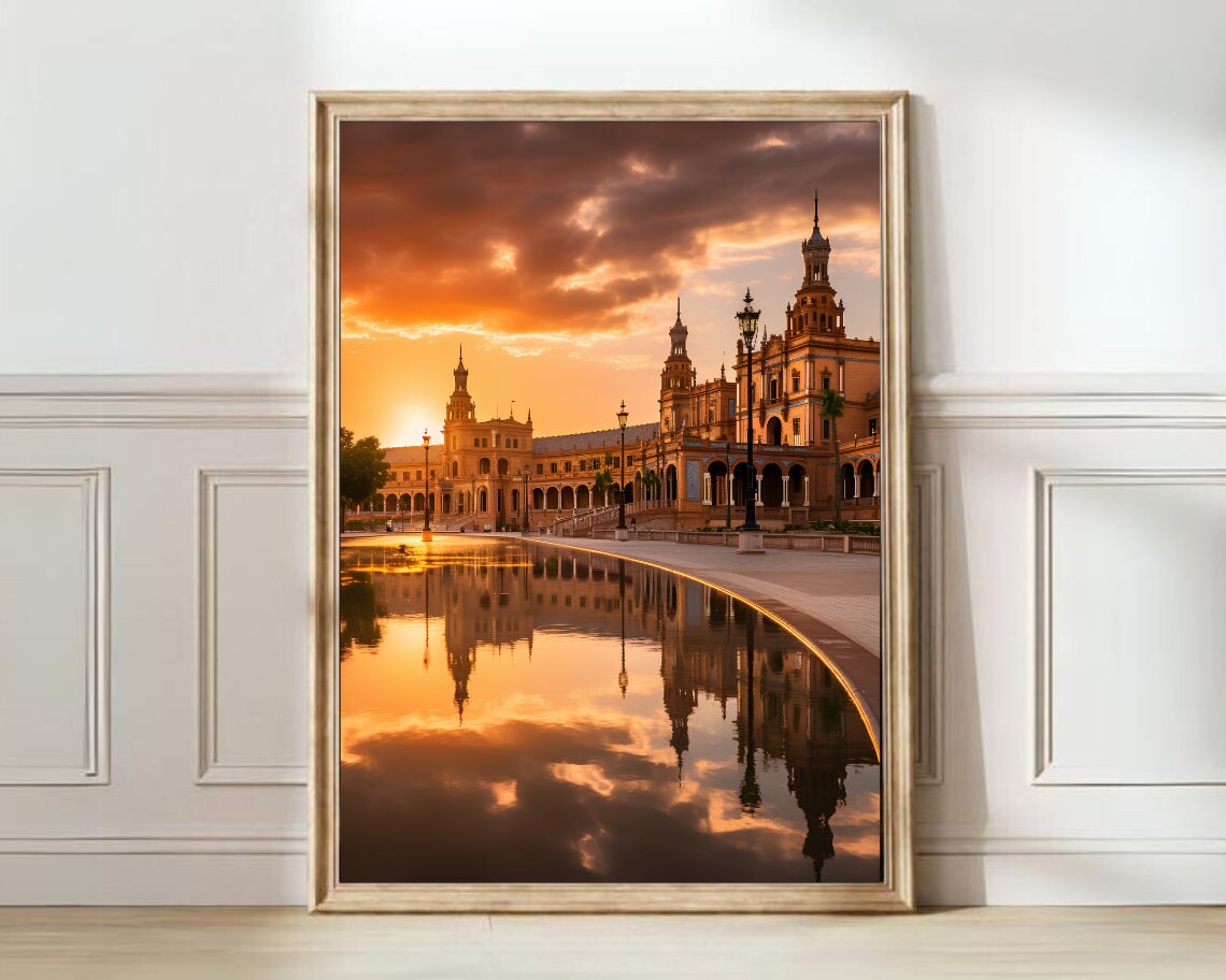 Plaza De Espana Seville Golden Sunset Reflection Spain Poster