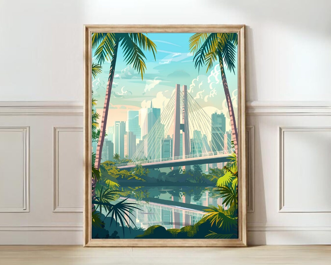 Sao Paulo Ponte Estaiada Bridge Palm Trees Travel Art Poster