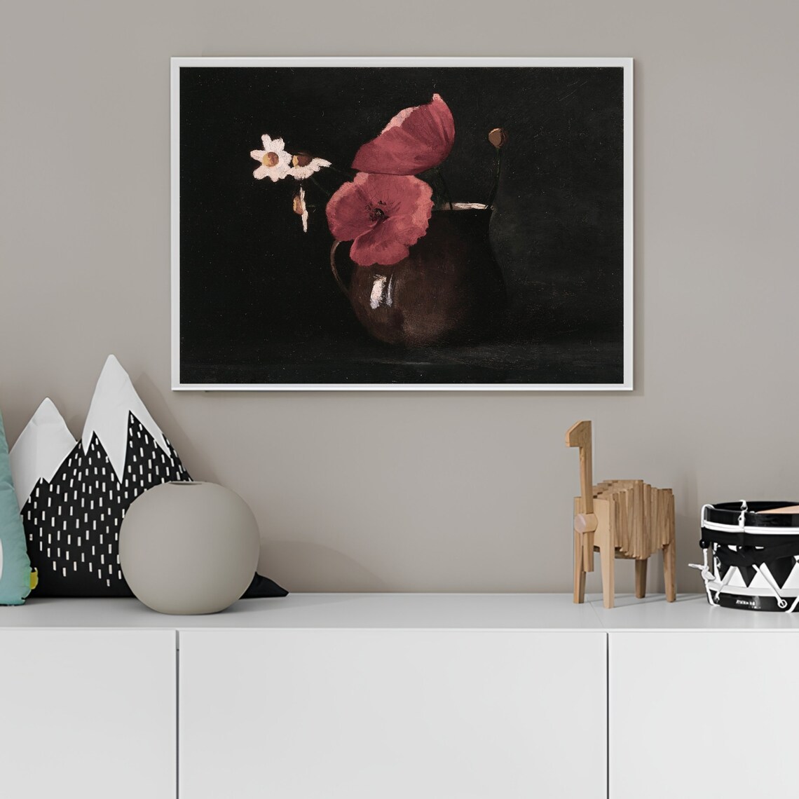 Moody Dark Floral Still Life With Pink Poppies Vintage Poster - Image 3