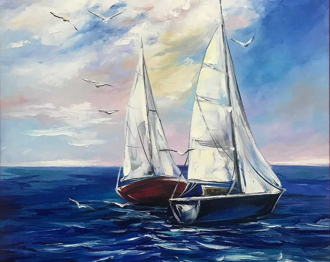 Large Sailboat At Sea Oil Painting On Blue Ocean Wave Wall Art Sailboat Paintings Boat Artwork Large Boat Seascape Oil Painting