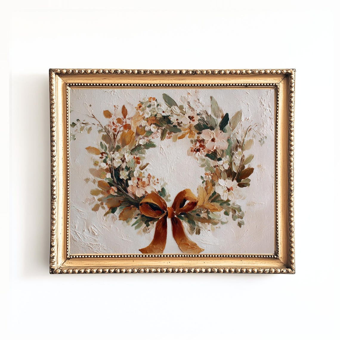Vintage Neutral Fall Wreath Painting With Gold Bow Autumn Wall Art