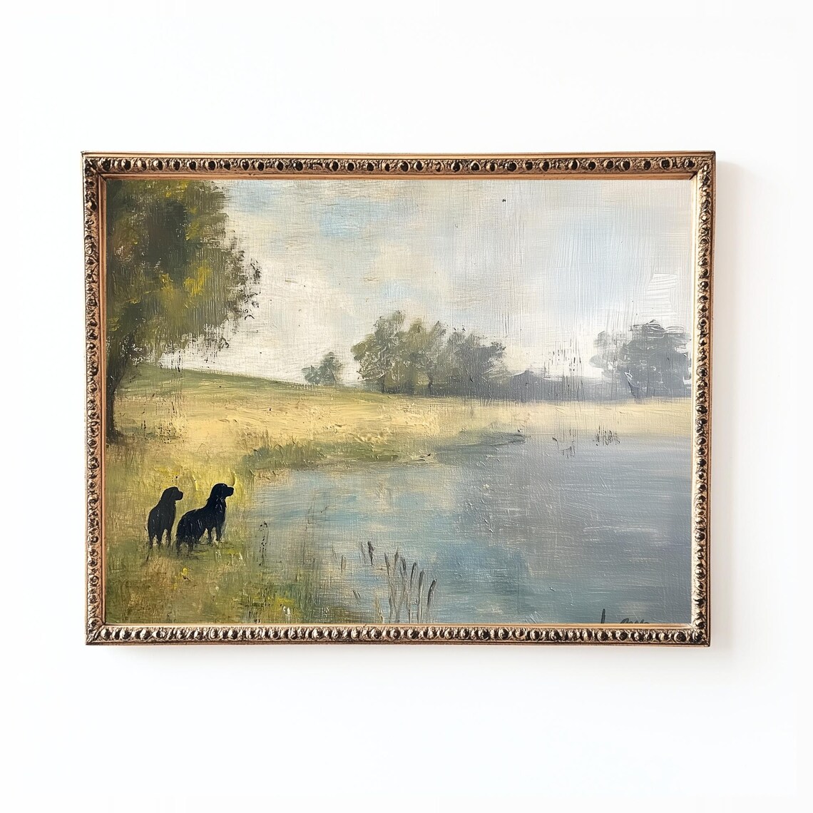 Two Black Labs by a Quiet Lake Vintage Countryside Landscape Poster