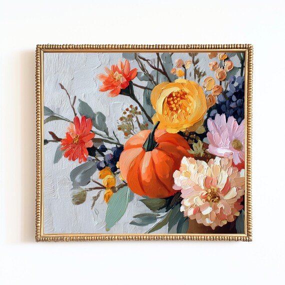 Vintage Pumpkin Floral Print Rustic Autumn Wall Art