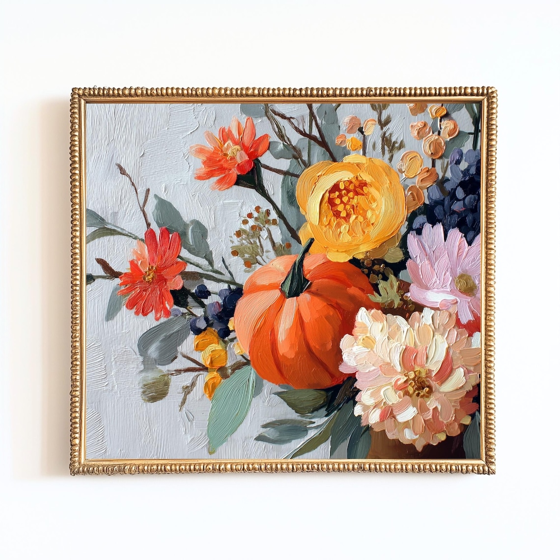 Pumpkin With Fall Flowers Oil Painting Style Autumn Harvest Print