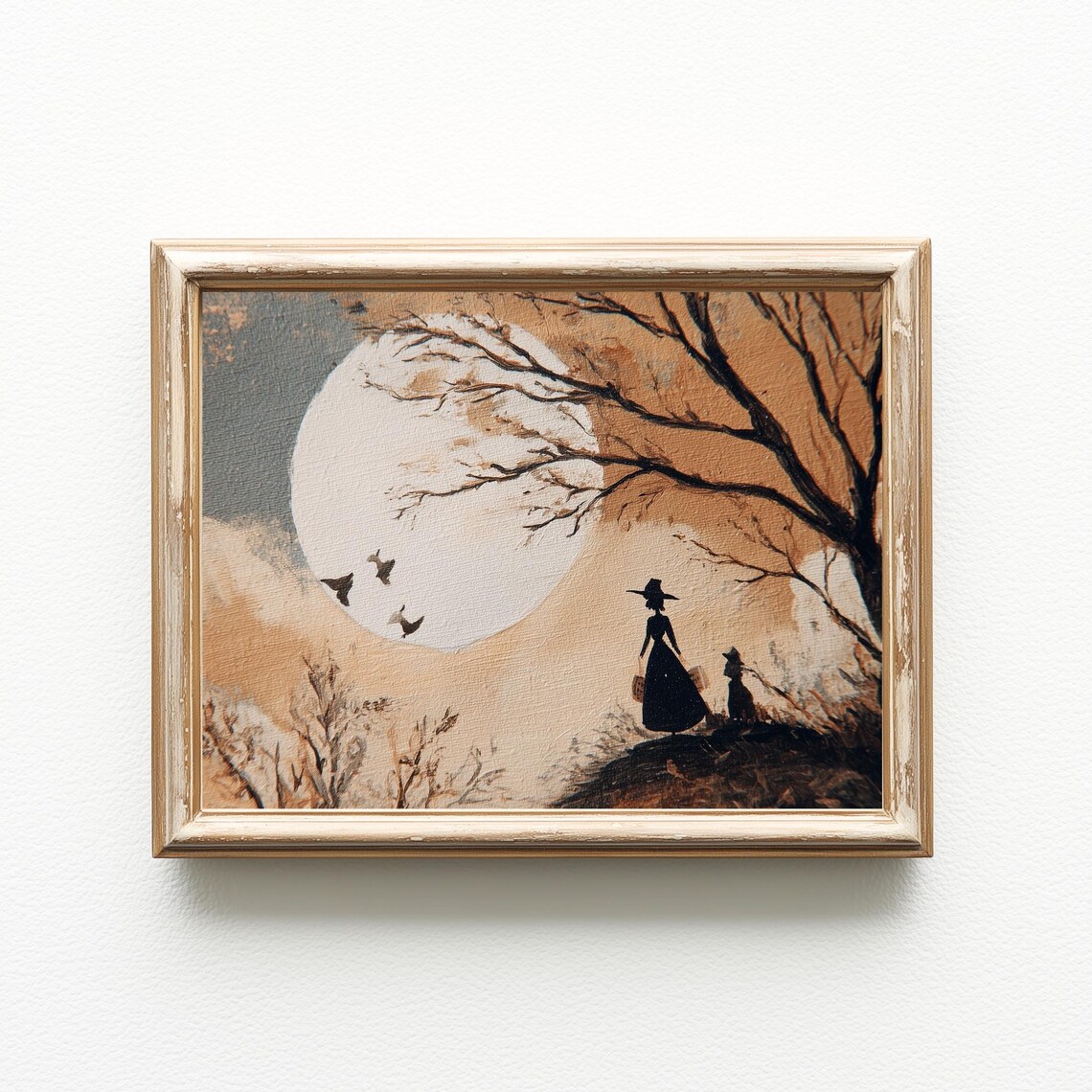 Vintage Halloween Witch Print Full Moon Antique Autumn Decor